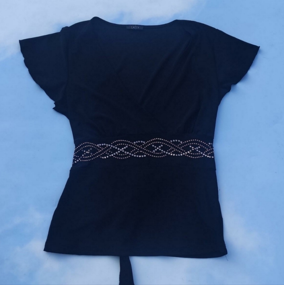 90s Black Flutter Sleeve babydoll Blouse with Sequins